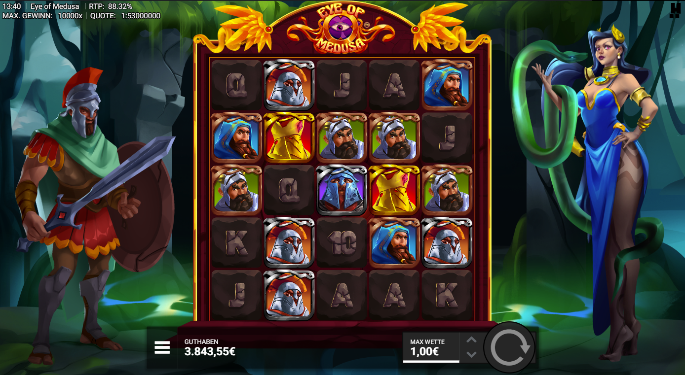 Eye-of-Medusa-Slot mit goldener R&uuml;stung, Kriegerhelmen, Portr&auml;ts und A‑K‑Q‑J‑10.
