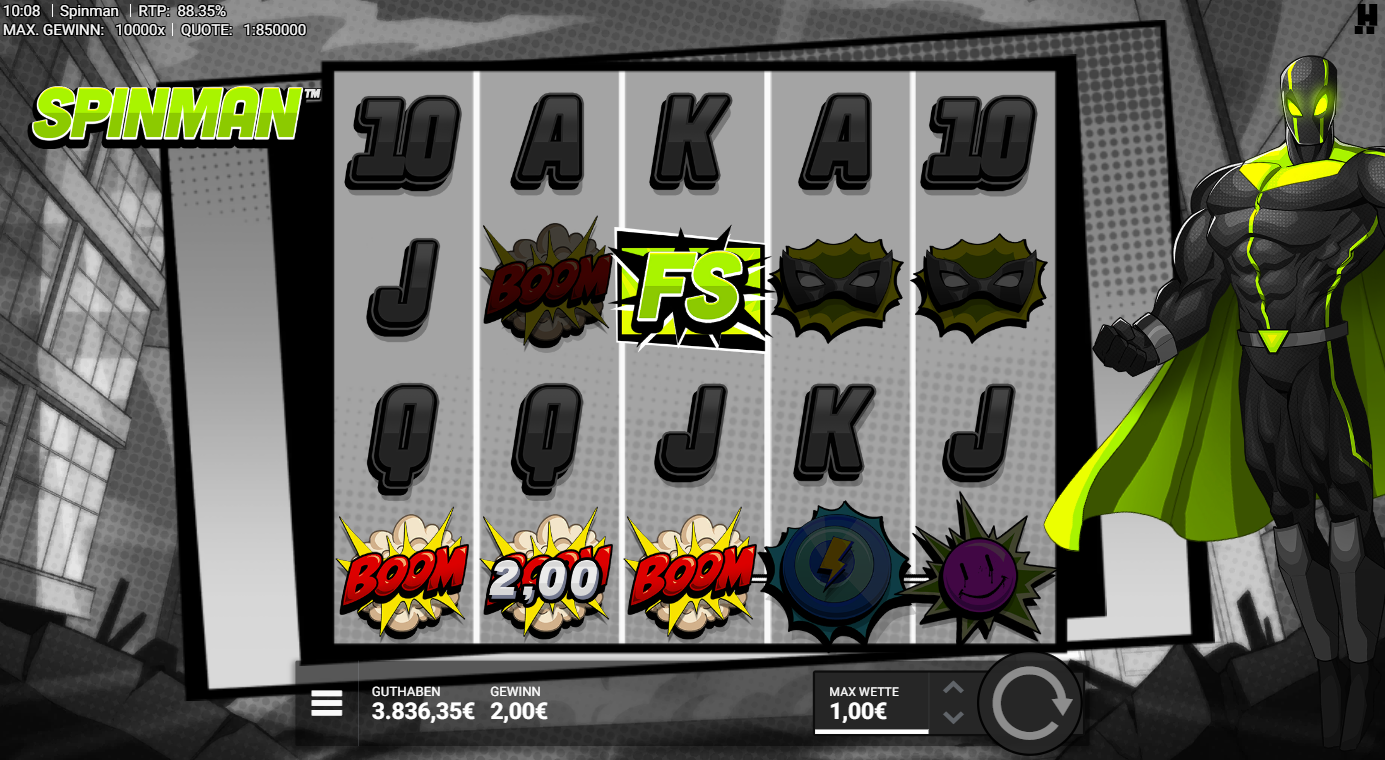 Spinman-Slot mit FS‑Symbol, BOOM‑Explosionen, Masken, Blitz‑Symbol und A‑K‑Q‑J‑10.
