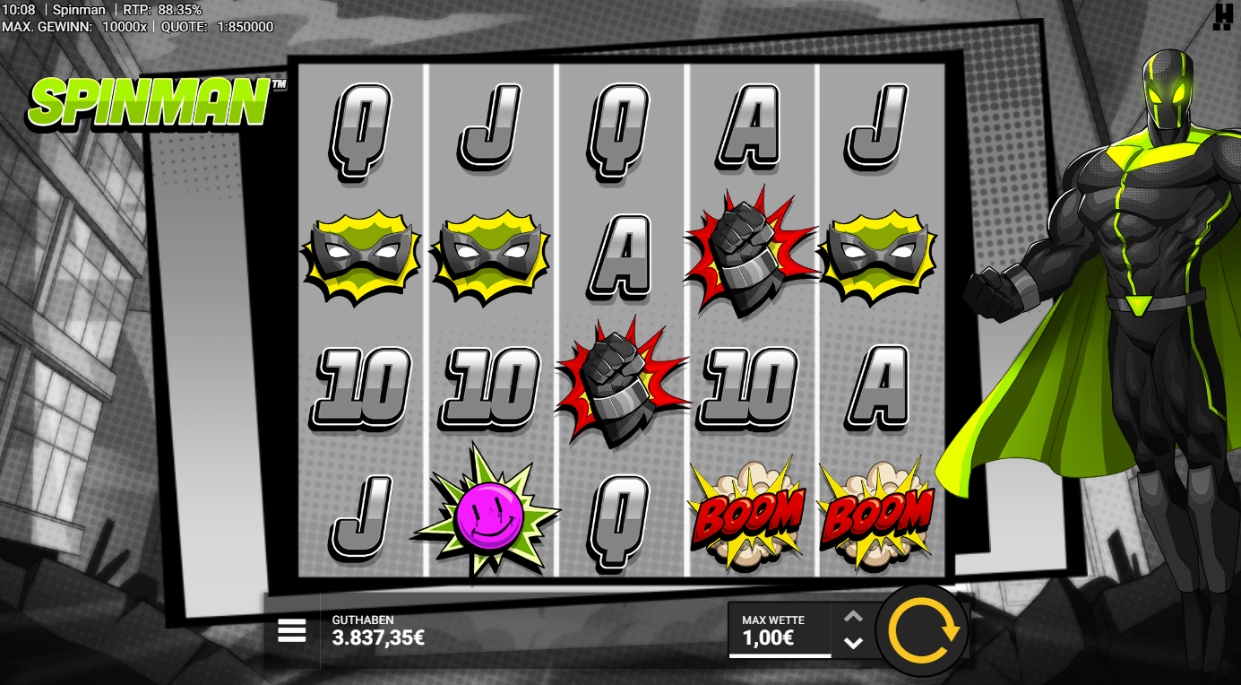 Spinman-Slot mit Masken, Faust‑Symbolen, Comic‑BOOM, Smiley und A‑K‑Q‑J‑10.