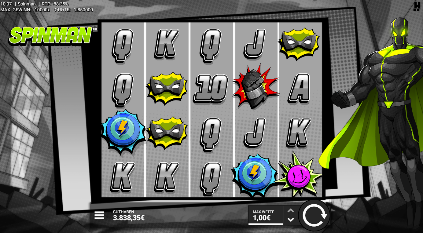 Spinman-Slot mit Blitz‑Wild, Masken, Faust‑Symbol, Smiley und A‑K‑Q‑J‑10.