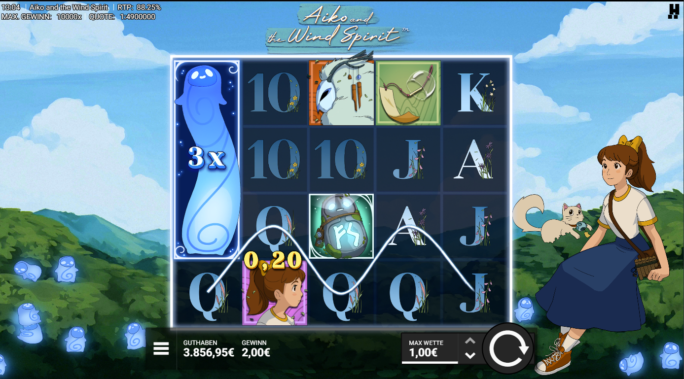 Aiko-and-the-Spirit-Wind-Slot mit 3x‑Geist‑Wild, Gewinnlinie, Runenstein und A‑K‑Q‑J‑10.