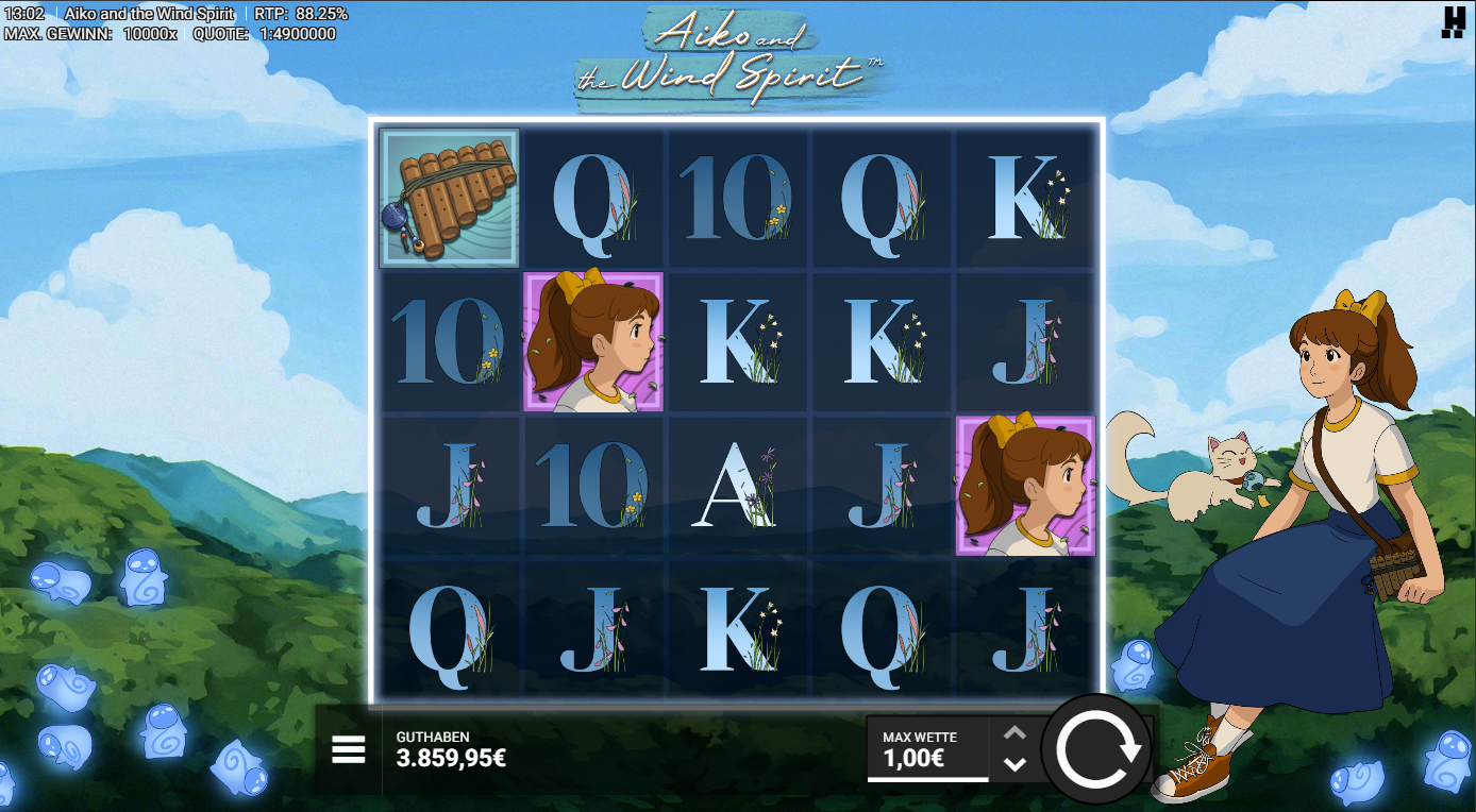 Aiko-and-the-Spirit-Wind-Slot mit Aiko‑Portr&auml;t, Fl&ouml;te, Katze und A‑K‑Q‑J‑10.