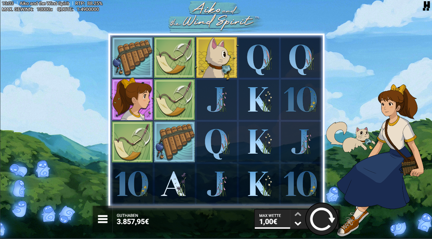 Aiko-and-the-Spirit-Wind-Slot mit Katze, M&auml;dchenfigur, Bambusfl&ouml;te und A‑K‑Q‑J‑10.