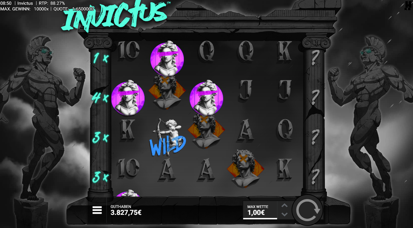 Invictus-Slot mit Wild‑Cherub, lila Symbolen, Multiplikatoren und A‑K‑Q‑J‑10.