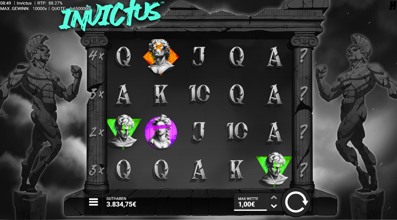 Invictus-Slot mit Statuenk&ouml;pfen, Farbdreiecken, Multiplikatoren und A‑K‑Q‑J‑10.