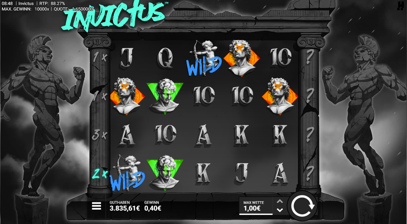Invictus-Slot mit Wild‑Cherub, Statuen‑K&ouml;pfen, Multiplikatoren und A‑K‑Q‑J‑10.