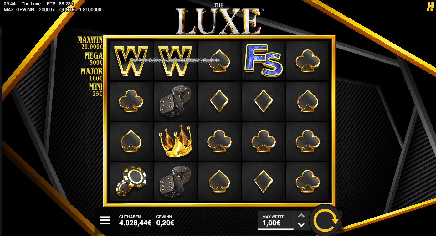 The-Luxe-Slot mit WILD‑Symbolen, FS, Krone, Chips, W&uuml;rfeln und Kartenfarben.