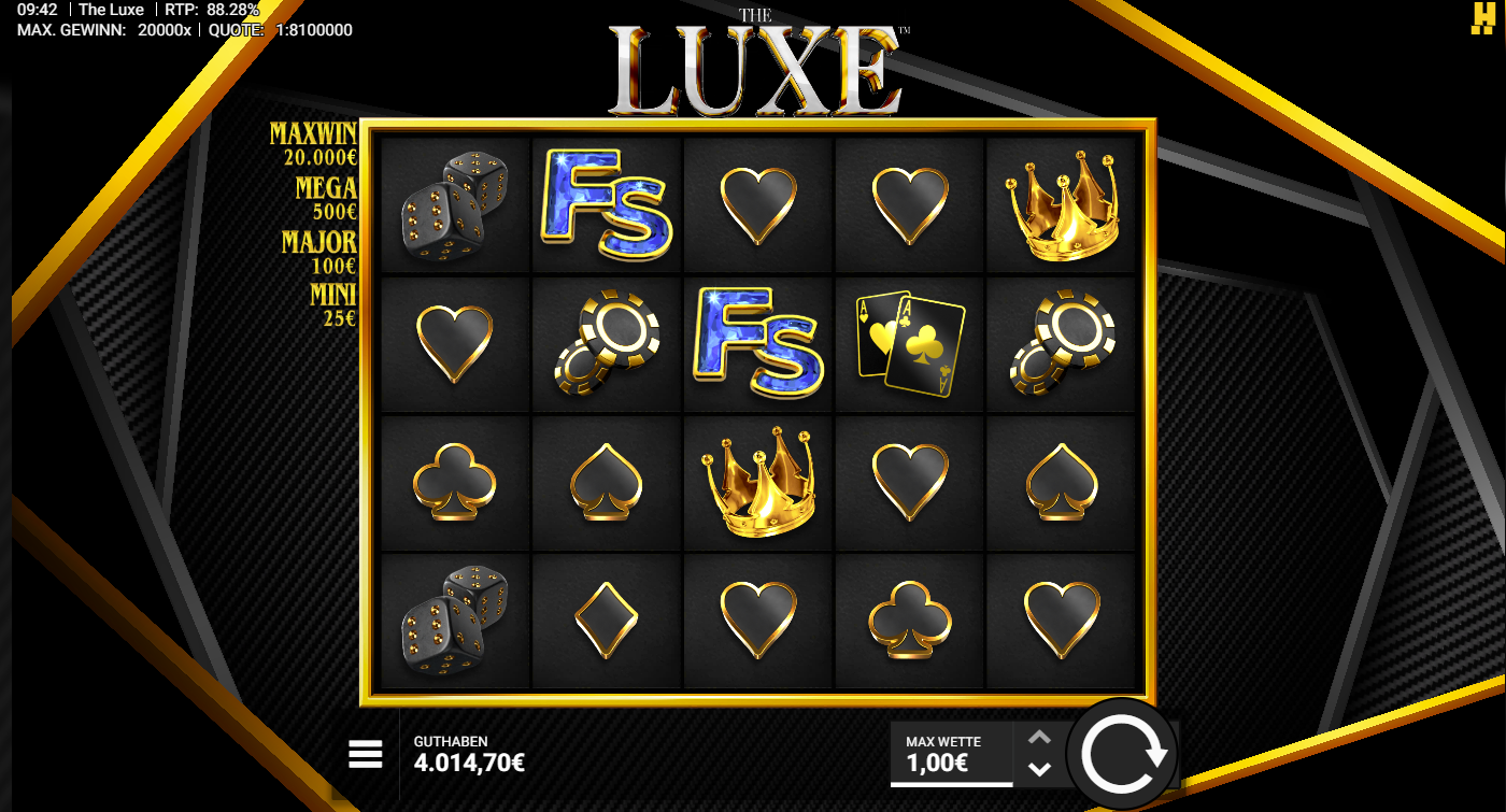 The-Luxe-Slot mit FS‑Symbol, Ass‑Karten, Krone, Chips, W&uuml;rfeln und Kartenfarben.