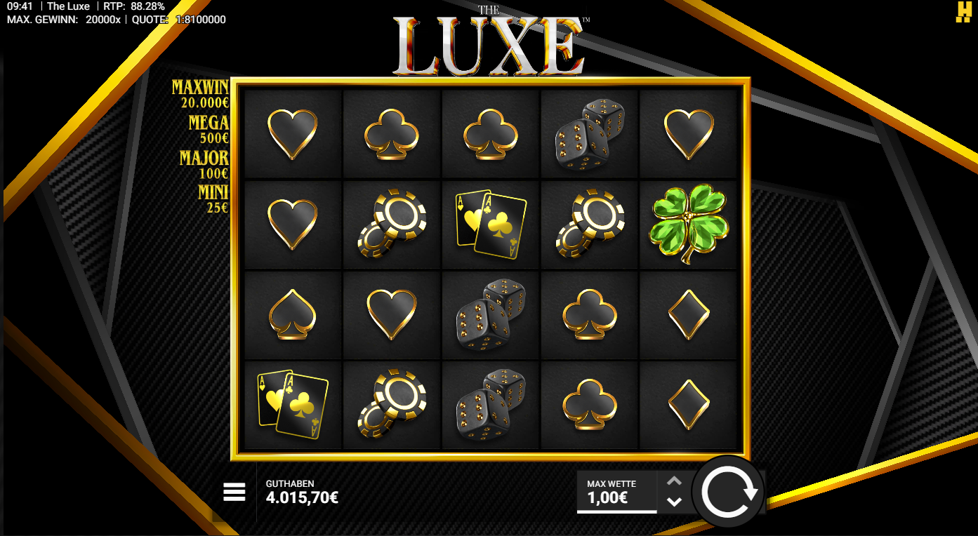 The-Luxe-Slot mit Ass‑Symbolen, W&uuml;rfeln, Pokerchips, Kleeblatt und Kartenfarben.