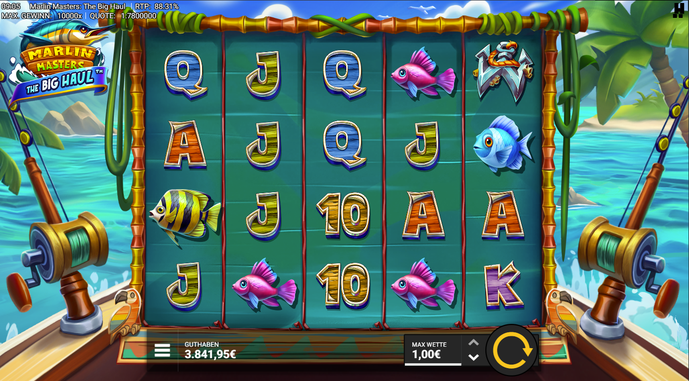 Marlin-Masters-The-Big-Haul-Slot mit FS‑Truhe, Geldfischen, bunten Fischen und A‑K‑Q‑J‑10.