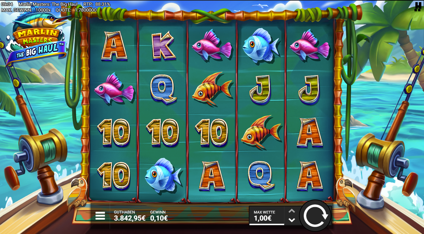 Marlin-Masters-The-Big-Haul-Slot mit bunten Fischen, Holz‑A‑Symbol und Q‑J‑10.