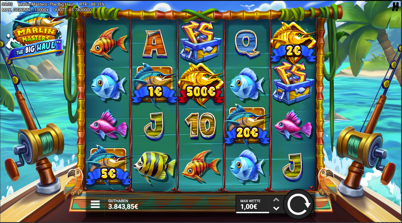 Marlin-Masters-The-Big-Haul-Slot mit Geldfischen, FS‑Truhen und bunten Meeresfischen.