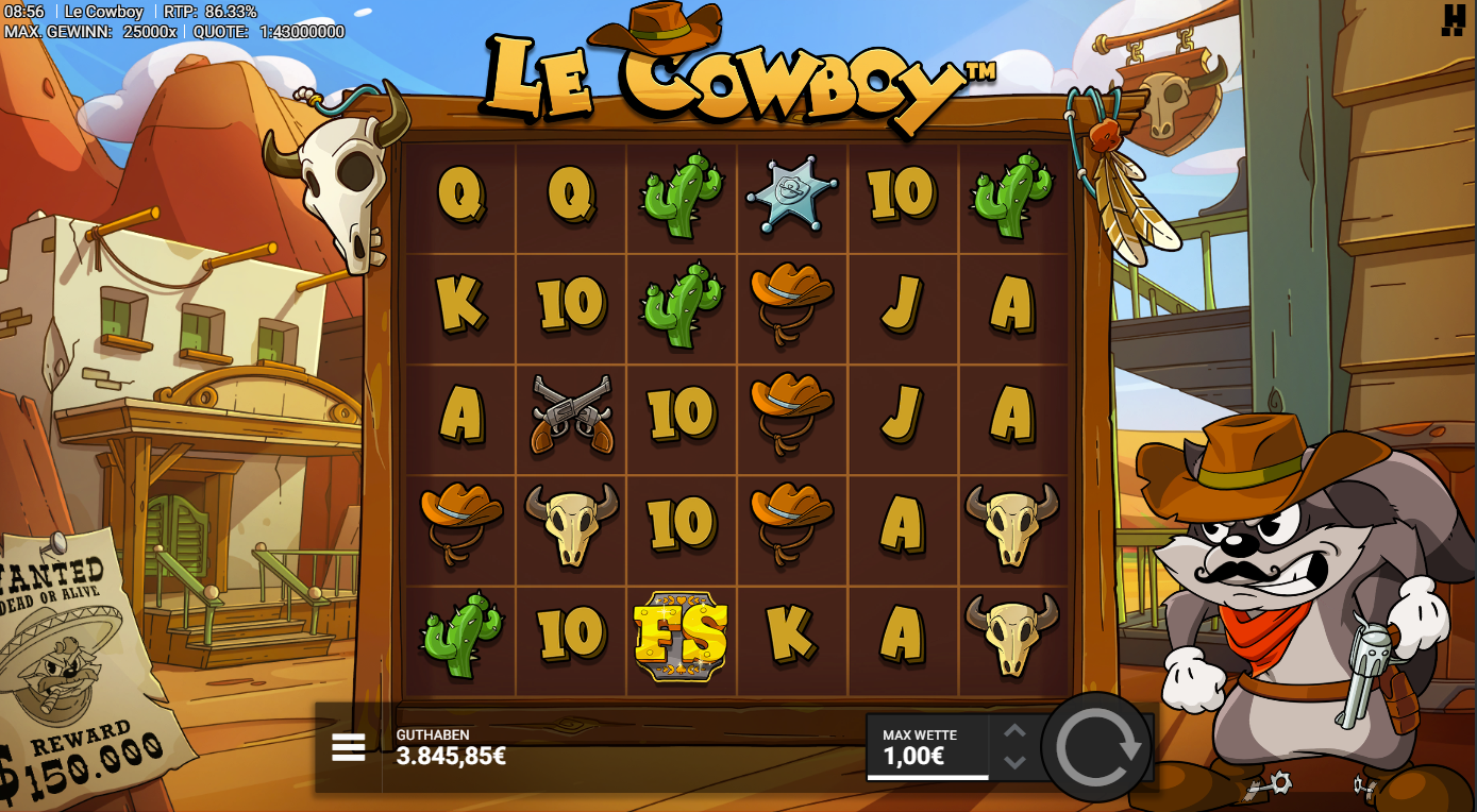 Le-Cowboy-Slot mit FS‑Goldticket, Revolvern, Sch&auml;deln, Kaktus und A‑K‑Q‑J‑10.