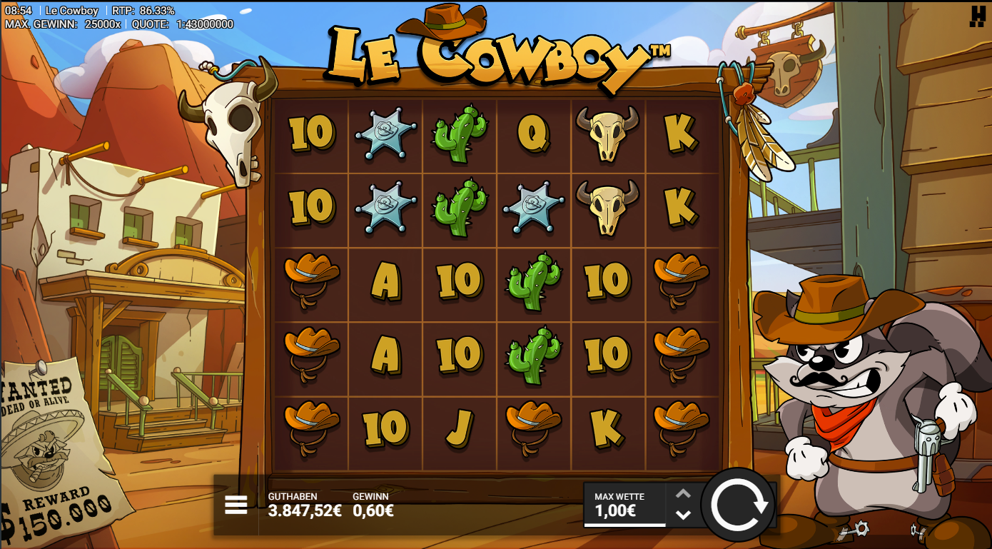 Le-Cowboy-Slot mit Sheriffsternen, Kaktus, Sch&auml;deln, H&uuml;ten und A‑K‑Q‑J‑10.