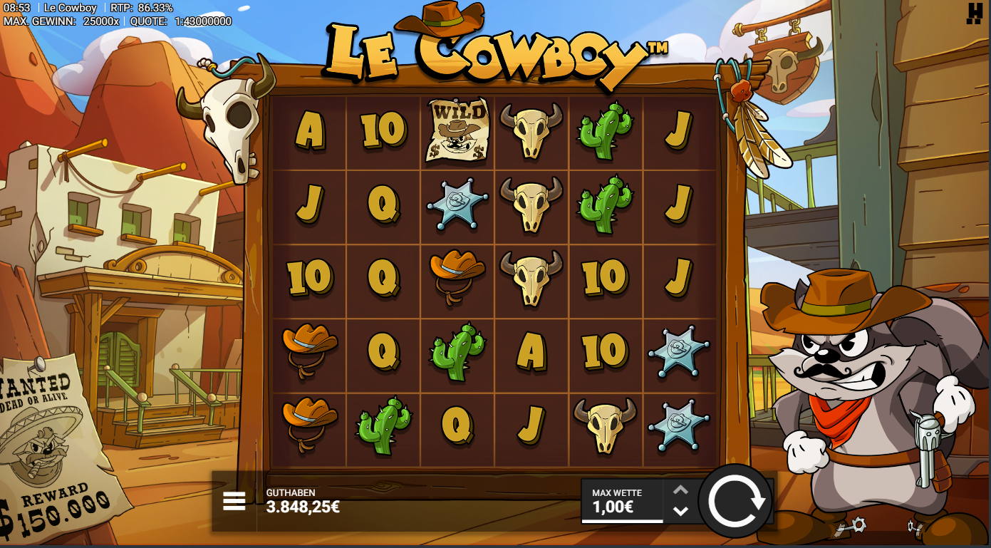 Le-Cowboy-Slot mit WILD‑Poster, Sheriffstern, Kaktus, Sch&auml;del und A‑K‑Q‑J‑10.