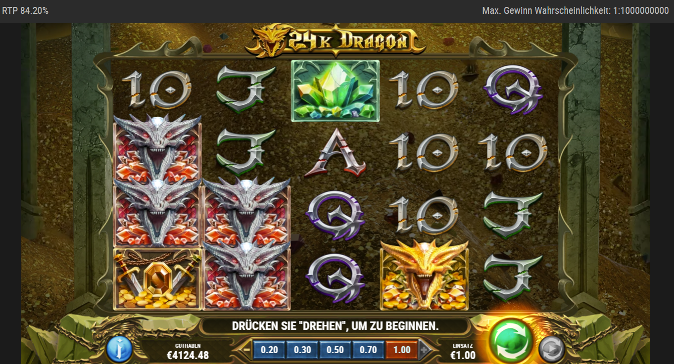 24k-Dragon-Slot mit Drachenk&ouml;pfen, goldenem Drachen, Smaragd und A‑K‑Q‑J‑10.