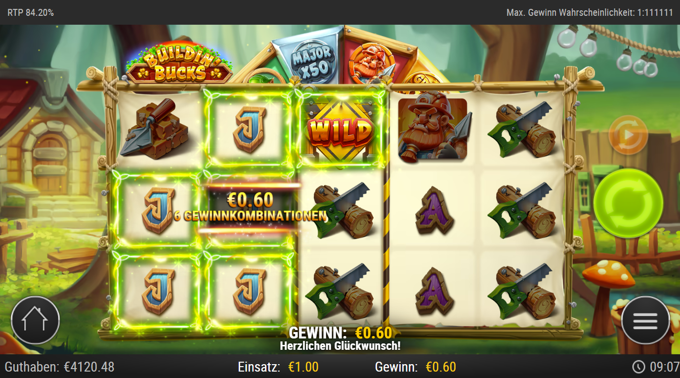 Buildin&acute;-Bucks-Slot mit Wild, Gewinnfeldern, J‑Symbolen und Werkzeugen.