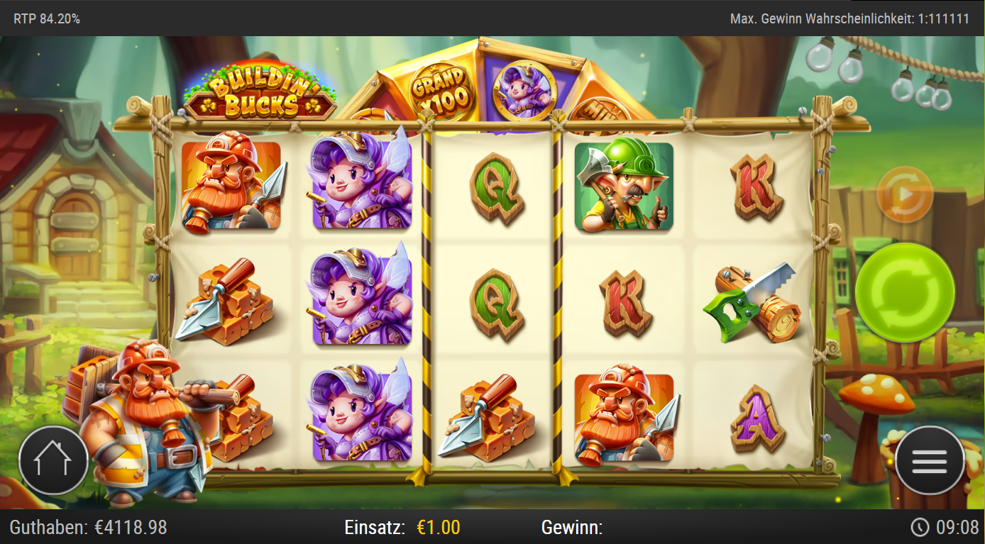 Buildin&acute;-Bucks-Slot mit Bauarbeiter, Elfe, Werkzeugen und Q‑K‑Symbolen.