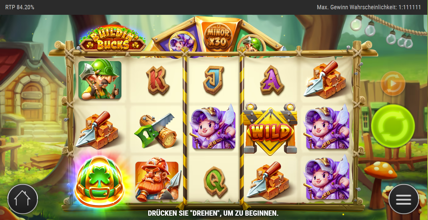 Buildin&acute;-Bucks-Slot mit Kobold‑Scatter, Bergarbeiter, WILD‑Schild, Werkzeugen und A‑K‑Q‑J.