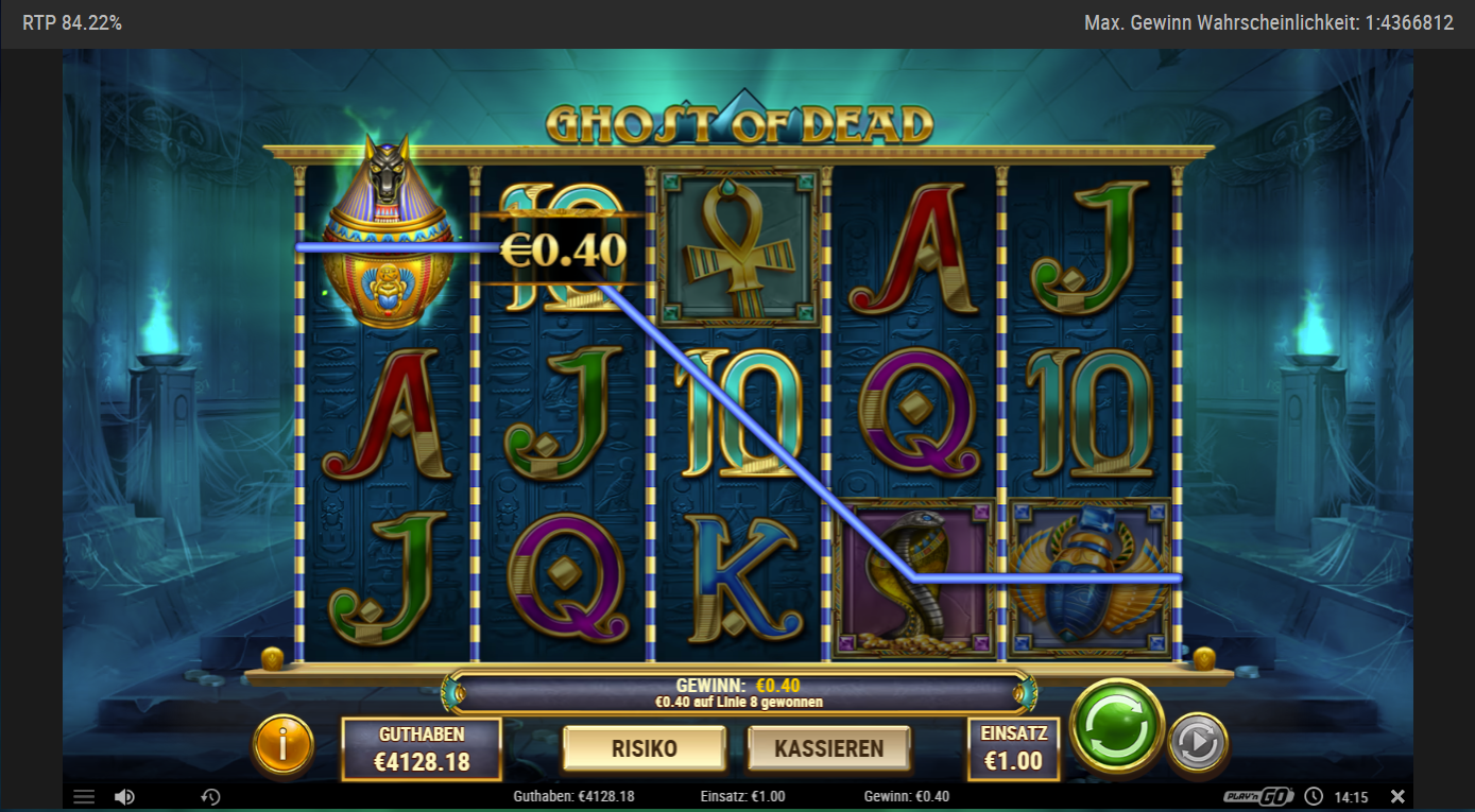 Ghost-of-Dead-Slot mit Gewinnlinie, Ankh, Schlange, Skarab&auml;us und A‑K‑Q‑J‑10.
