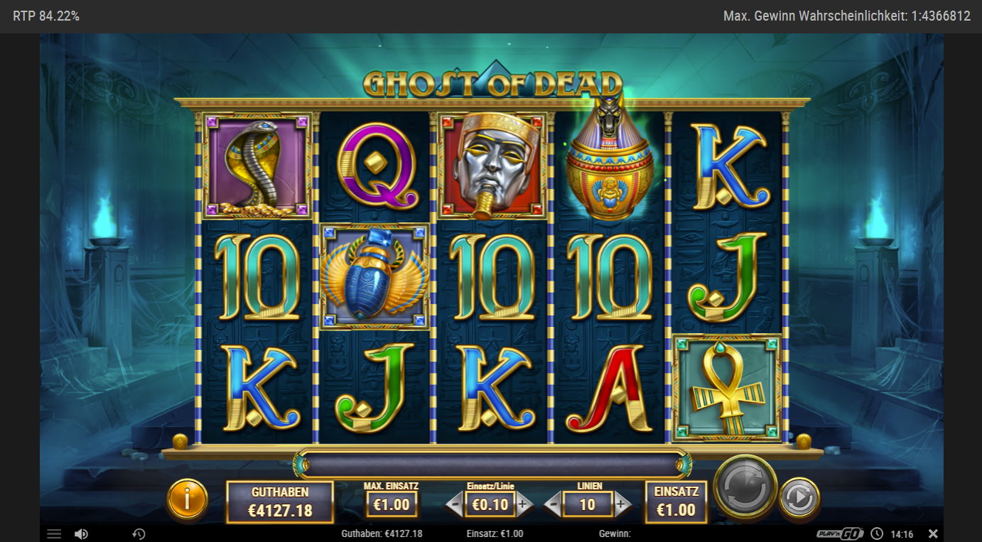 Ghost-of-Dead-Slot mit Skarab&auml;us, Schlange, Pharao‑Maske und A‑K‑Q‑J‑10‑Symbolen.