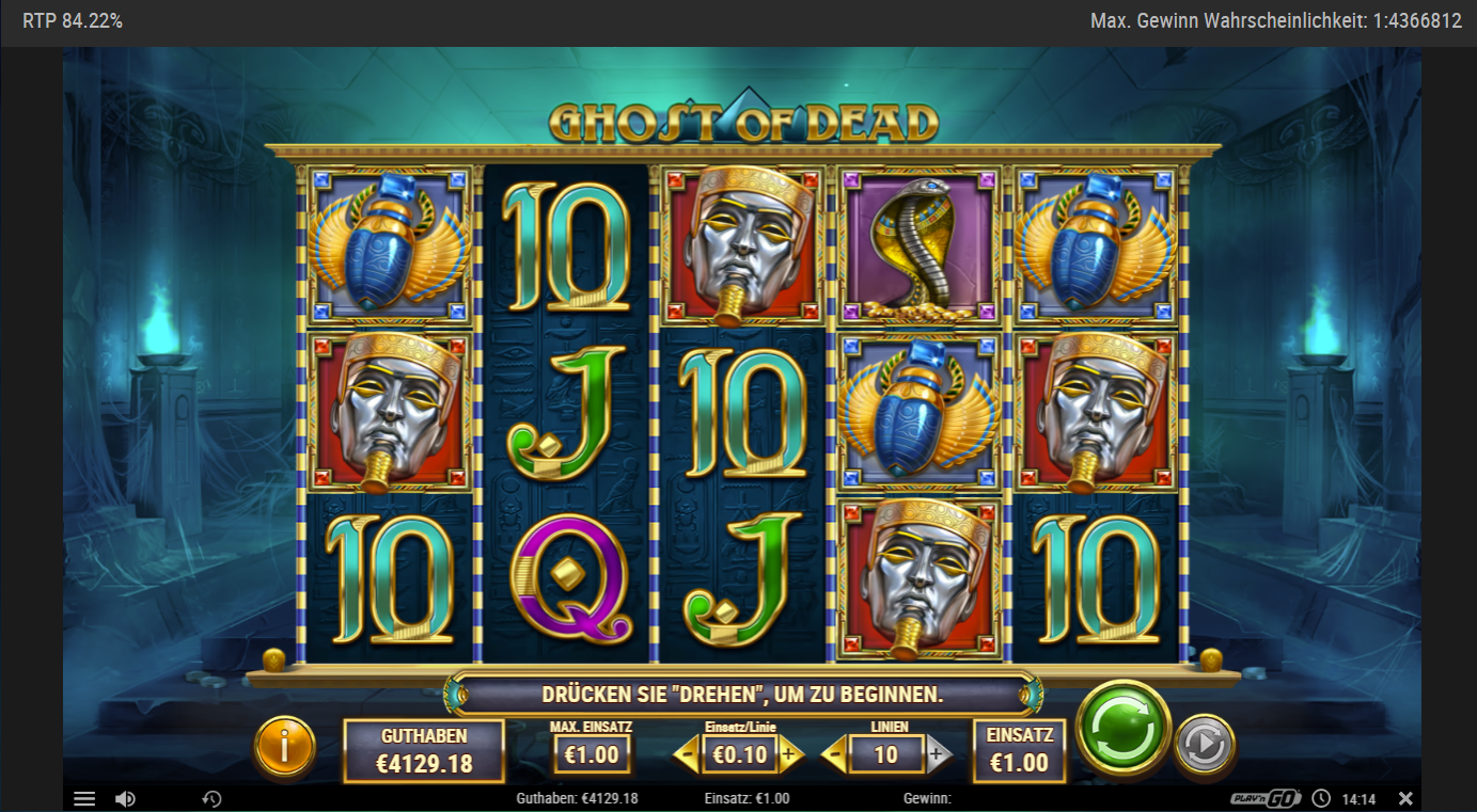 Ghost-of-Dead-Slot mit Pharao‑Maske, Skarab&auml;us, Schlange und A‑K‑Q‑J‑10.