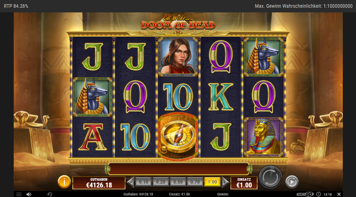 Cat-Wilde-and-the-Doom-of-Dead-Slot mit Kompass‑Wild, Anubis, Pharao und A‑K‑Q‑J‑10.