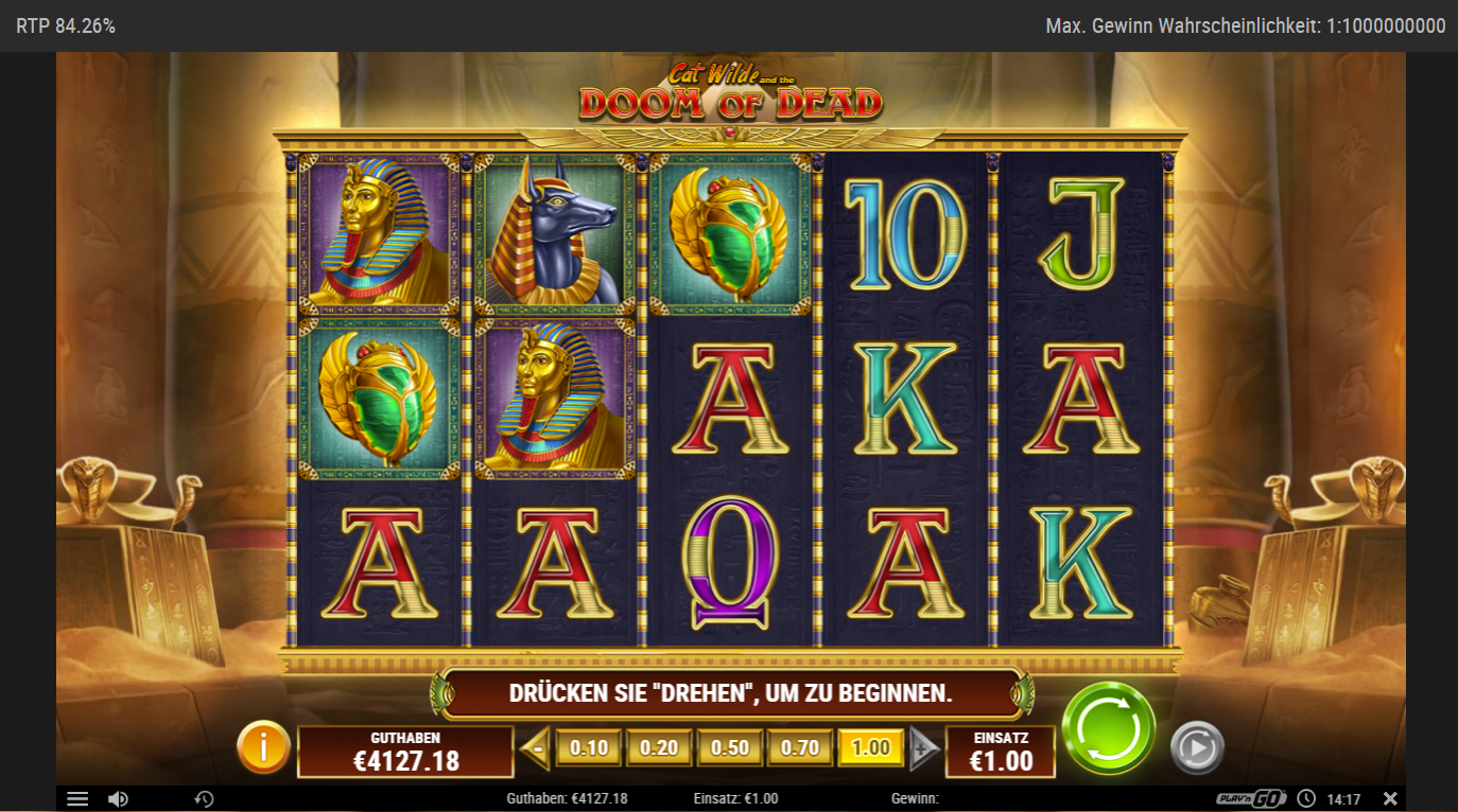 Cat-Wilde-and-the-Doom-of-Dead-Slot mit Pharao, Anubis, Skarab&auml;us und A‑K‑Q‑J‑10‑Symbolen.
