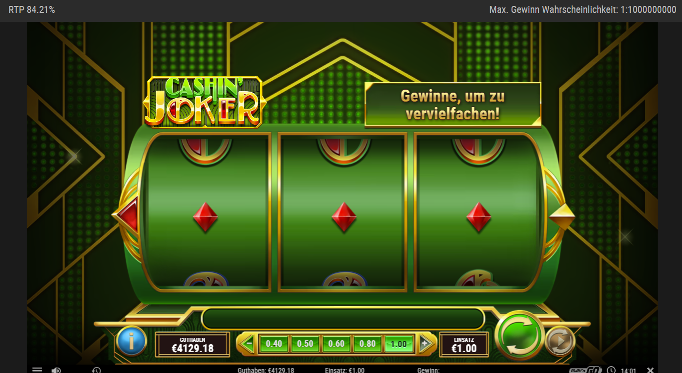 Cashin&acute;-Joker-Slot mit gr&uuml;nen Walzen, roten Diamanten und Vervielfachen‑Hinweis.