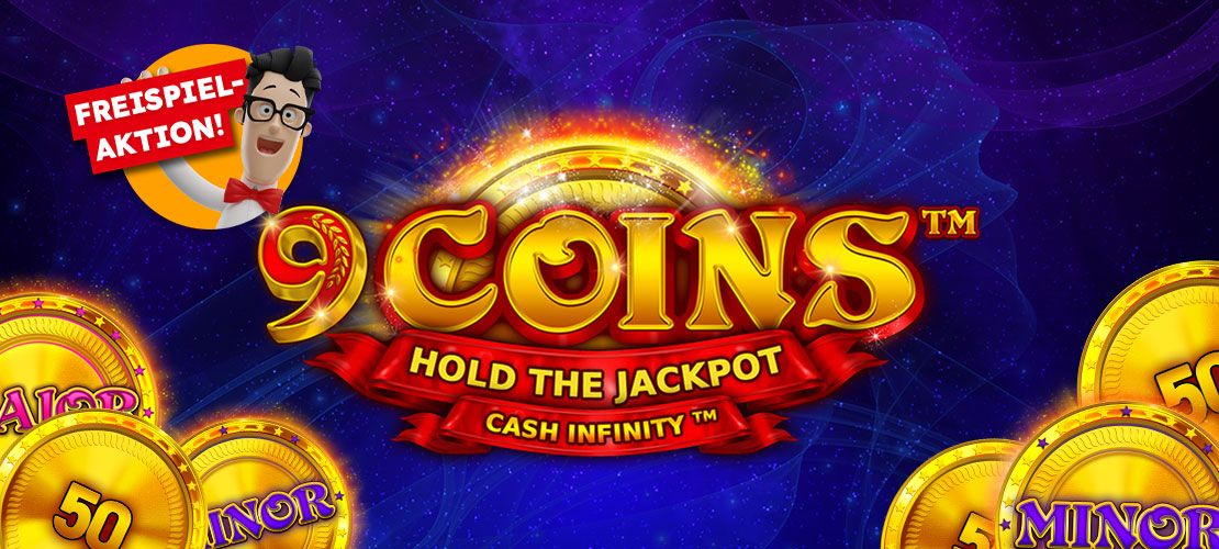 9 Coins Spielautomaten-Logo mit goldenen M&uuml;nzen, rotem Banner und funkelndem blauem Hintergrund mit Freispielaktion-Hinweis
