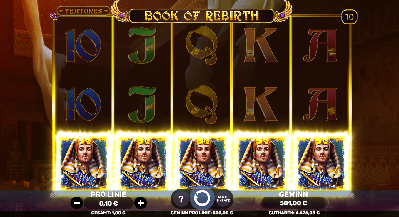 Book-of-Rebirth-Slot mit Pharao‑Symbolreihe, leuchtenden Wilds und Gewinnanzeige.