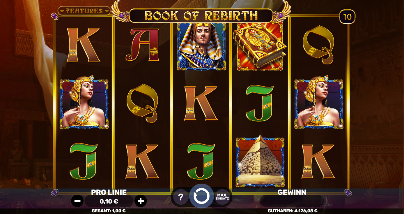 Book-of-Rebirth-Slot mit Buch‑Scatter, Cleopatra, Pharao, Pyramide und Kartenwerten.