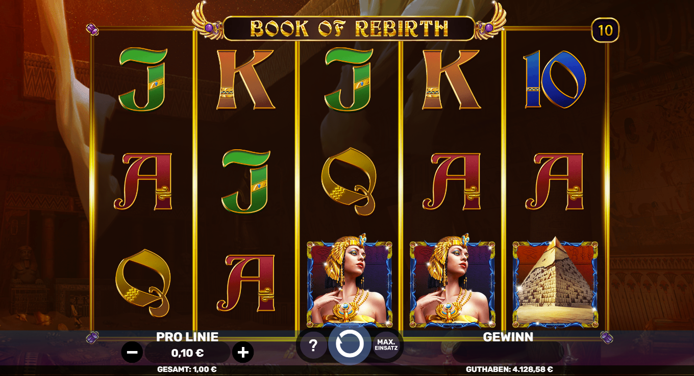 Book-of-Rebirth-Slot mit Cleopatra‑Wild, Pyramide, Kartenwerten und &auml;gyptischem Design.