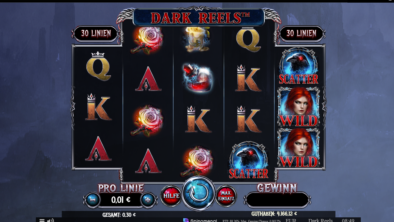 Dark-Reels-Slot mit Q-, K-, A-Symbolen sowie Feuer-, Kr&auml;hen- und Scatter-/Wild-Icons.