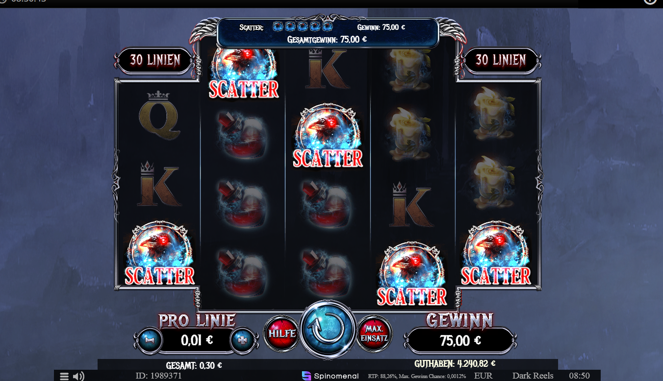 Dark-Reels-Slot mit mehreren Scatter-Symbolen und gro&szlig;em Gewinn.