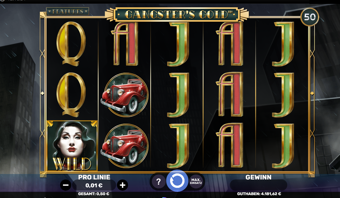 Gangster&rsquo;s‑Gold‑Slot mit Autos, Buchstaben‑Symbolen und einem Wild‑Symbol.