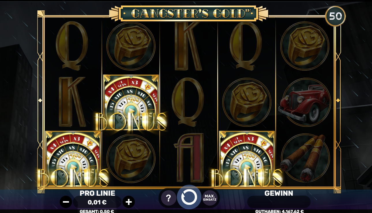 Gangster&rsquo;s‑Gold‑Slot mit mehreren Bonusr&auml;dern, Autos und Zigarren.