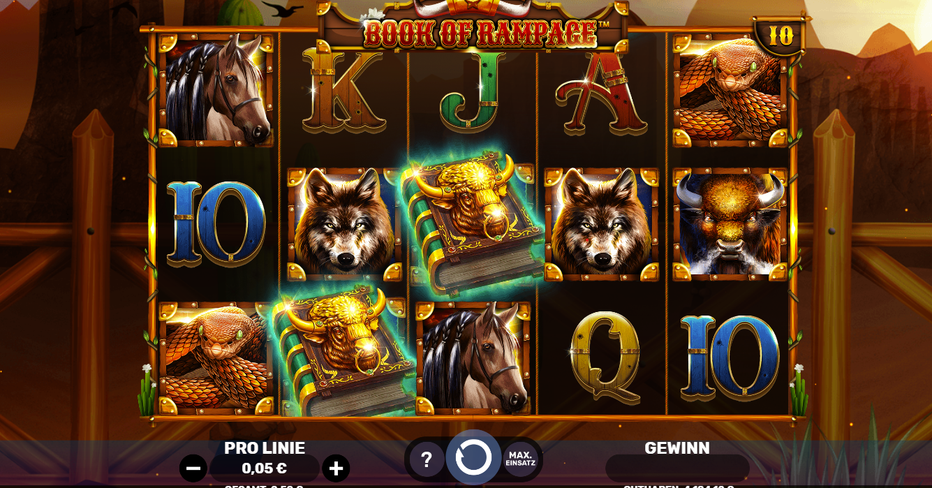 Book‑of‑Rampage‑Slot mit Tier‑ und Buchsymbolen auf f&uuml;nf Walzen