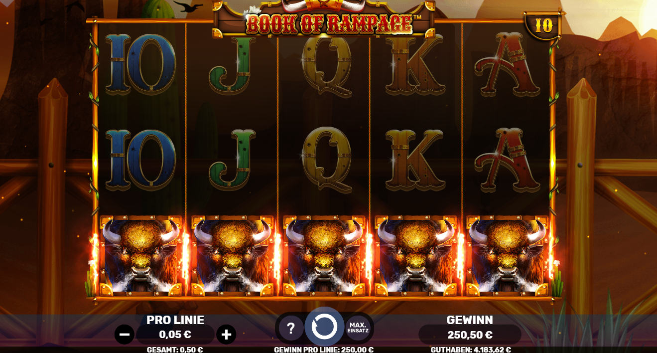 Book‑of‑Rampage‑Slot mit f&uuml;nf B&uuml;ffel‑Symbolen und hohem Gewinn