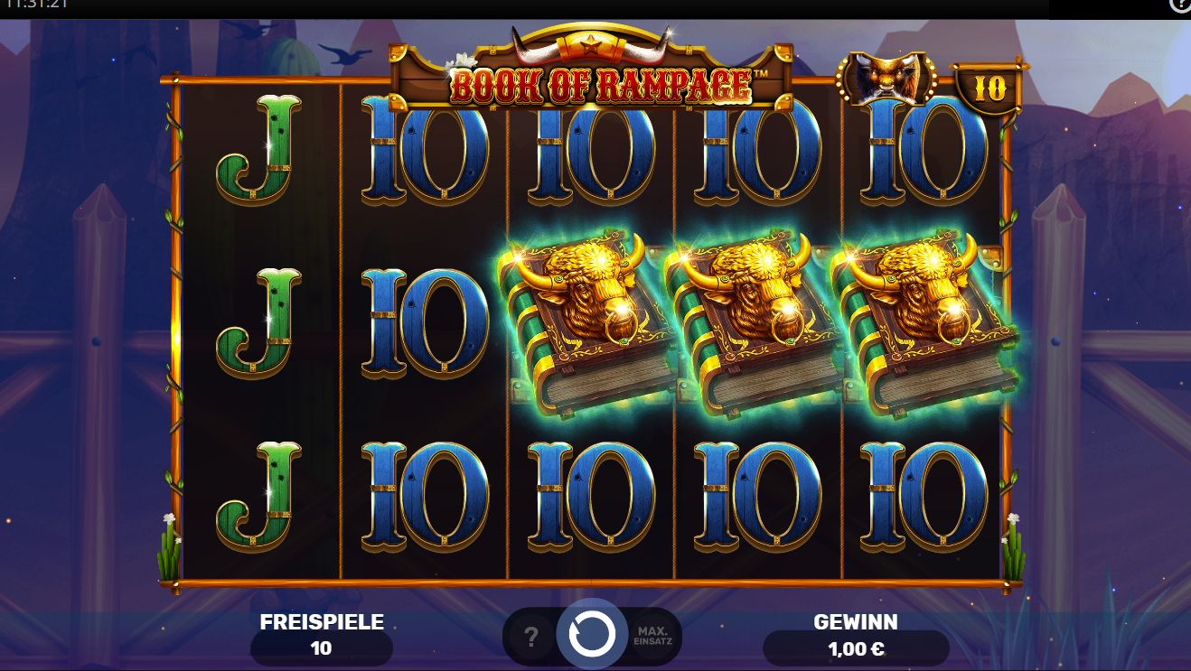 Book‑of‑Rampage‑Slot mit drei goldenen Buchsymbolen und aktivierten Freispielen.
