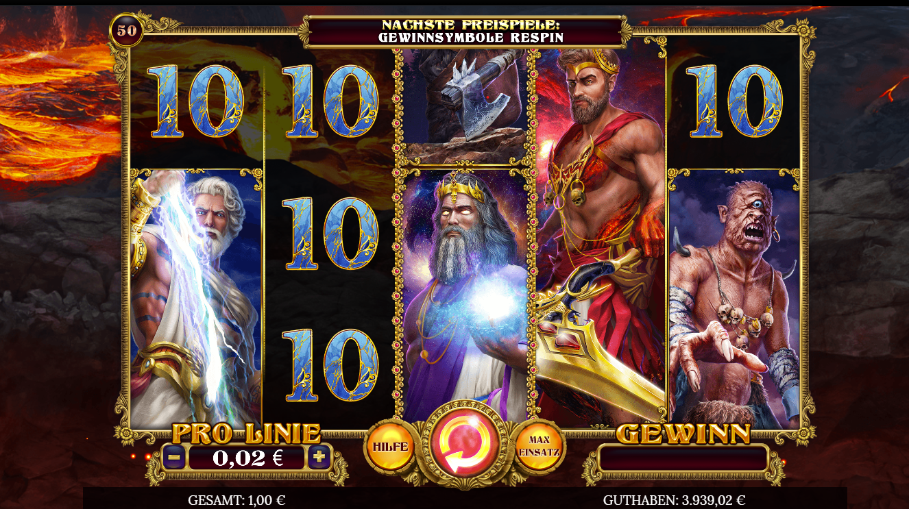 Titans&acute;s-Rising-Slot mit Zahlensymbolen, G&ouml;ttern und  mythologischer Hintergrundszene.