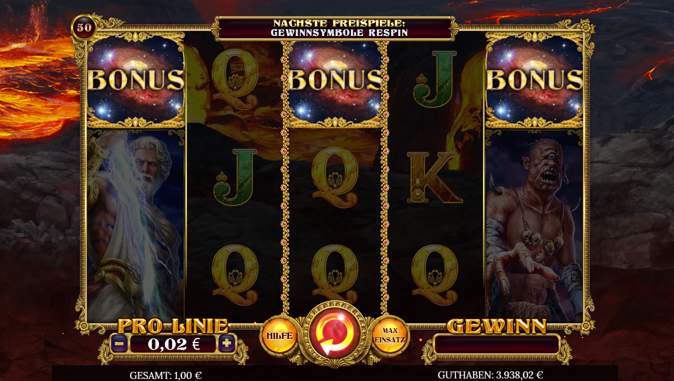 Titans&acute;s-Rising-Slot mit Bonus‑Symbolen und mythologischer Hintergrundszene.