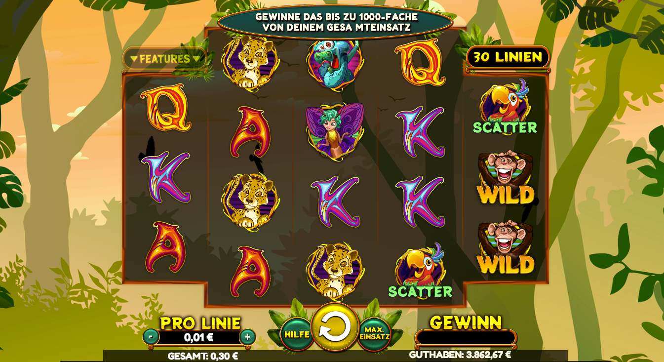 Wacky-Monkey-Slot mit Symbolen, Linien und Gewinnanzeige.