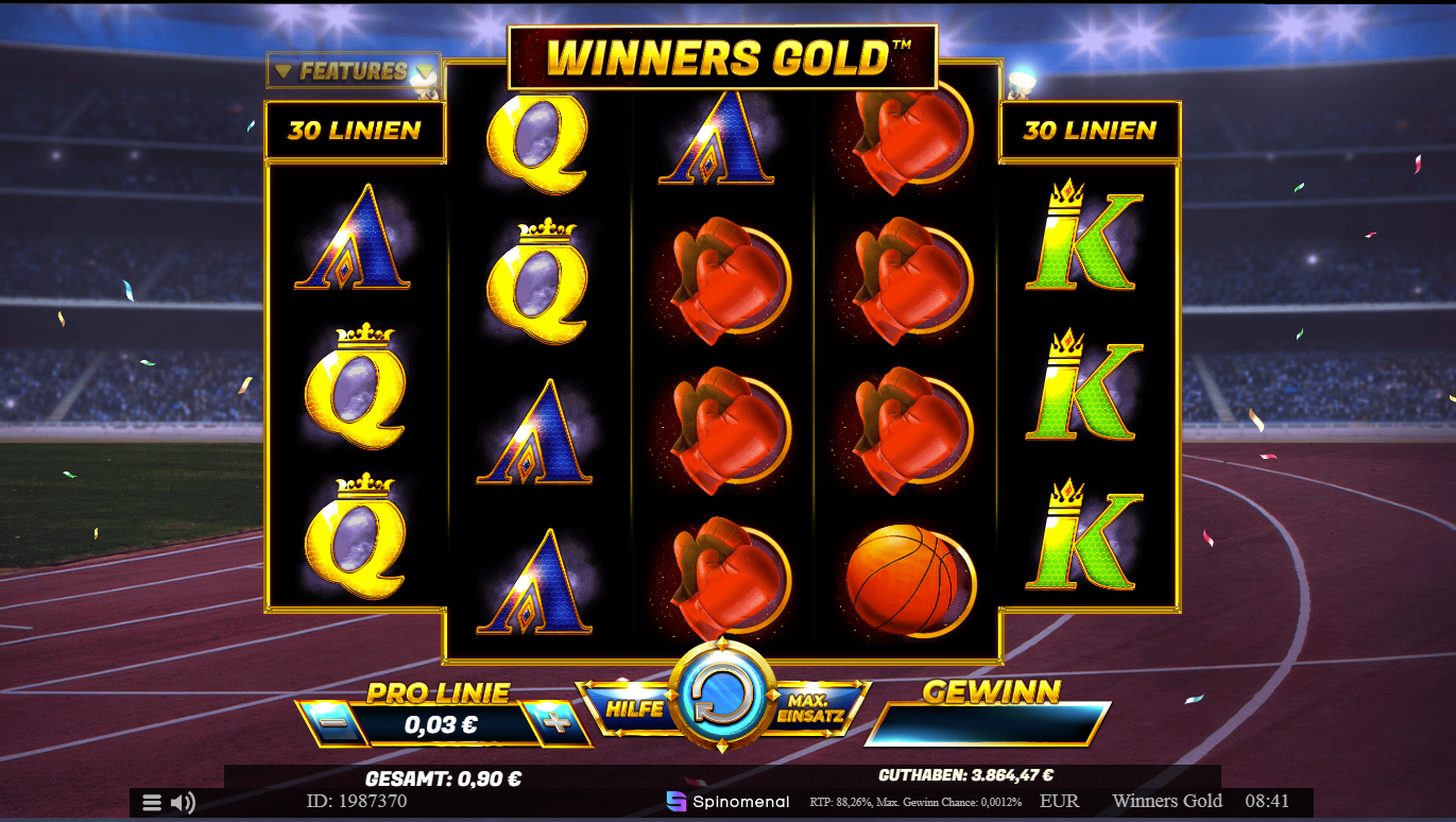 Winners-Gold-Slot mit Boxhandschuh‑ und Basketballsymbolen vor Stadionlaufbahn.