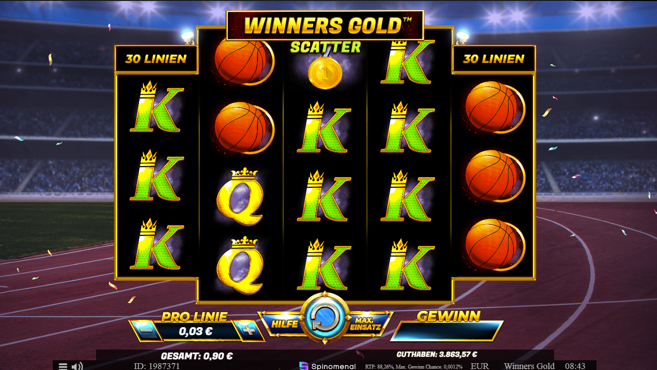 Winners-Gold-Slot mit Basketball‑Symbolen und Medaillen‑Scatter vor Stadionkulisse