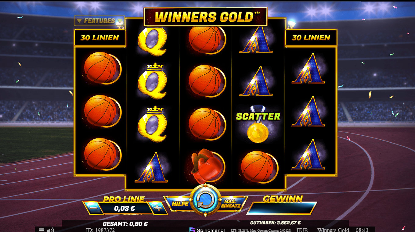 Winners-Gold-Slot mit Basketball‑Symbolen und Medaillen‑Scatter vor Stadionkulisse.
