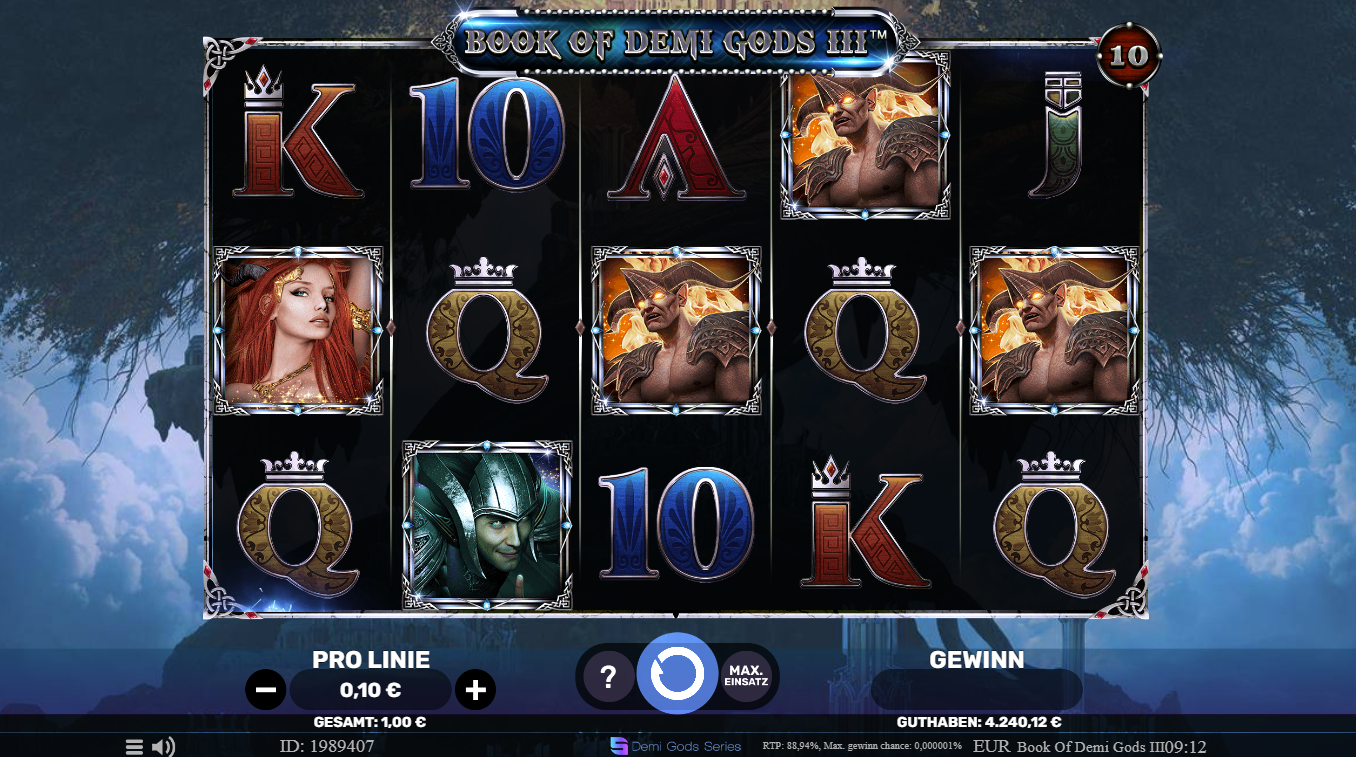 Book-of-Demi-Gods-III-Slot mit K-, Q-, A-, 10-Symbolen und G&ouml;ttersymbolen.