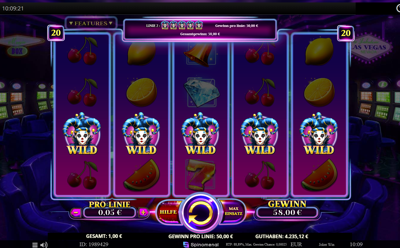 Joker-Win-Slot mit mehreren WILD-Symbolen und verschiedenen Frucht-Icons.