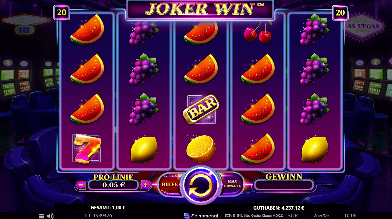 Joker-Win-Slot mit Fruchtsymbolen und BAR-Symbol auf violettem Automatenbildschirm.