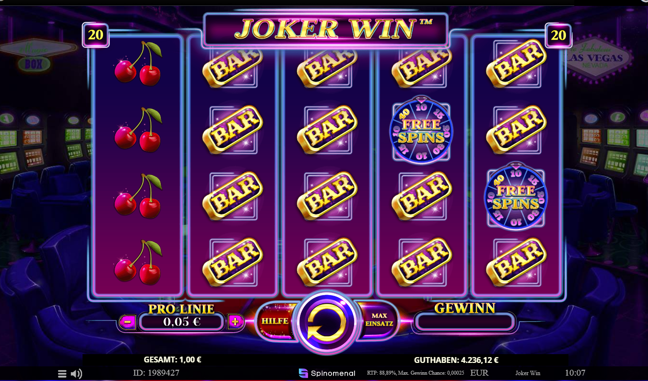 Joker-Win-Slot mit vielen BAR-Symbolen und zwei Free-Spin-Symbolen auf lilafarbenem Display.